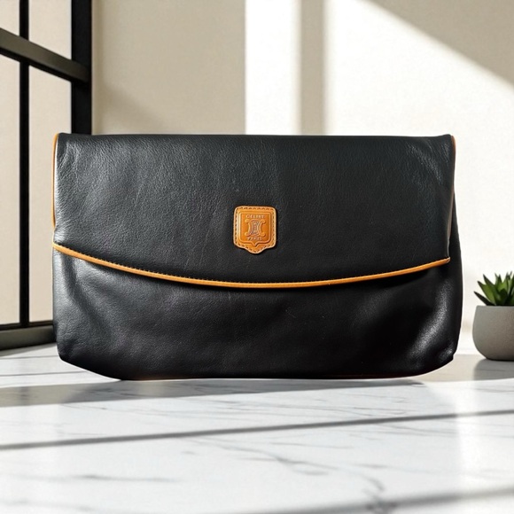 Celine Black & Tan Smooth Leather Large Triomphe Clutch Fold Over Flap Bag - Picture 1 of 11